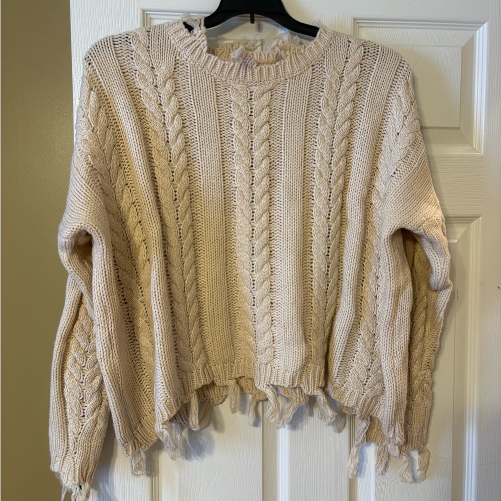 Altar’d State Cable Knit Sweater Cream Distressed Hem Cropped Cozy Oversized Pul